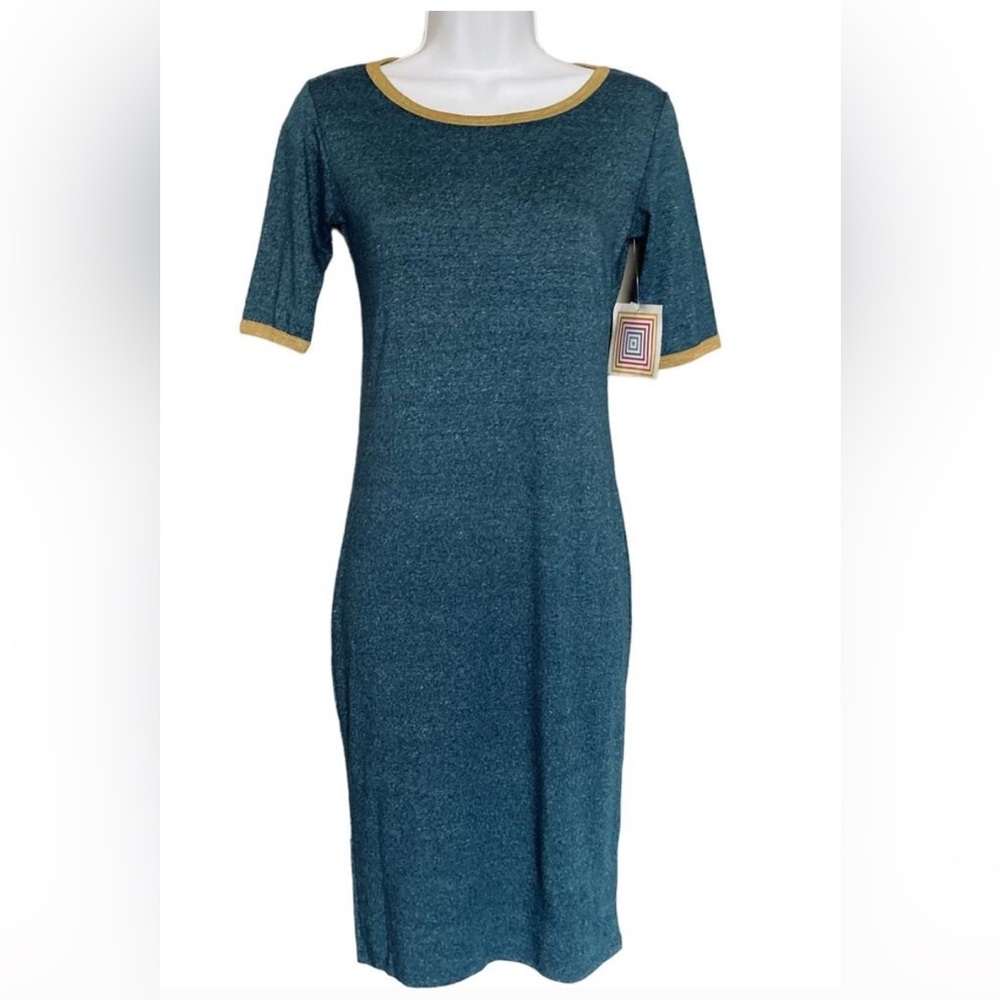 LuLaRoe | XS Julia Sheath Midi Dress | Blue w/ Yellow | Stretchy Bodycon